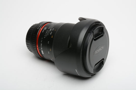 Rokinon 35mm f1.4 AS UMC Lens Canon EF, boxed, hood, caps, pouch, papers