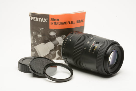 Pentax-A SMC 80-200mm f4.7-5.6 zoom lens, caps, UV, instructions