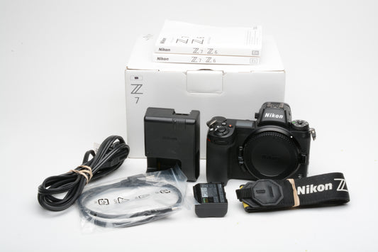 Nikon Z7 Mirrorless body, batt,charger+strap boxed USA version 9798 Acts