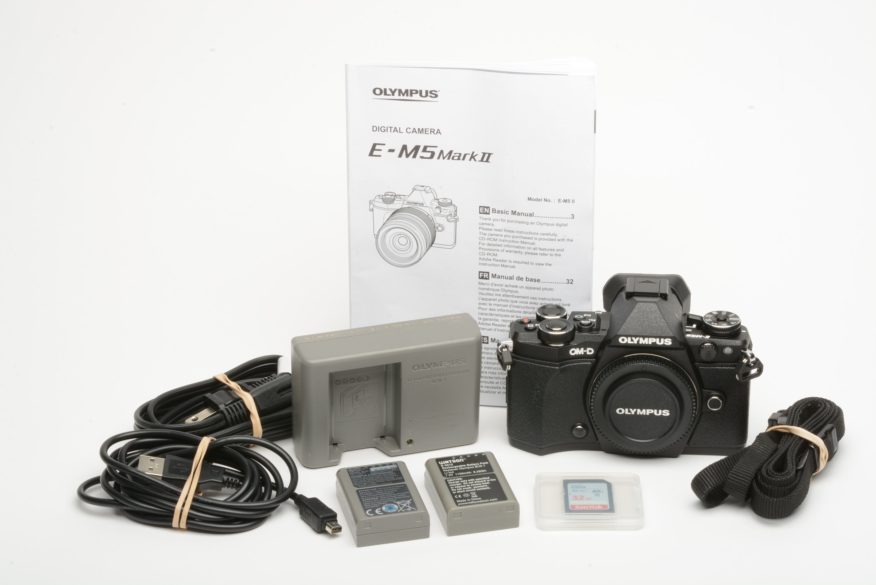 Olympus OM-D E-M5 Mark II Mirrorless black body, 2batts, charger, strap,  Only 1444 Acts!