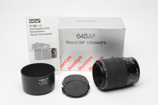 Mamiya 645 AF 120mm f4 MACRO MF lens, Mint, Boxed, Hood+caps