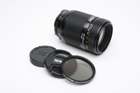 Nikon AF Nikkor 70-210mm F4-5.6 zoom lens, caps + C. Pol filter