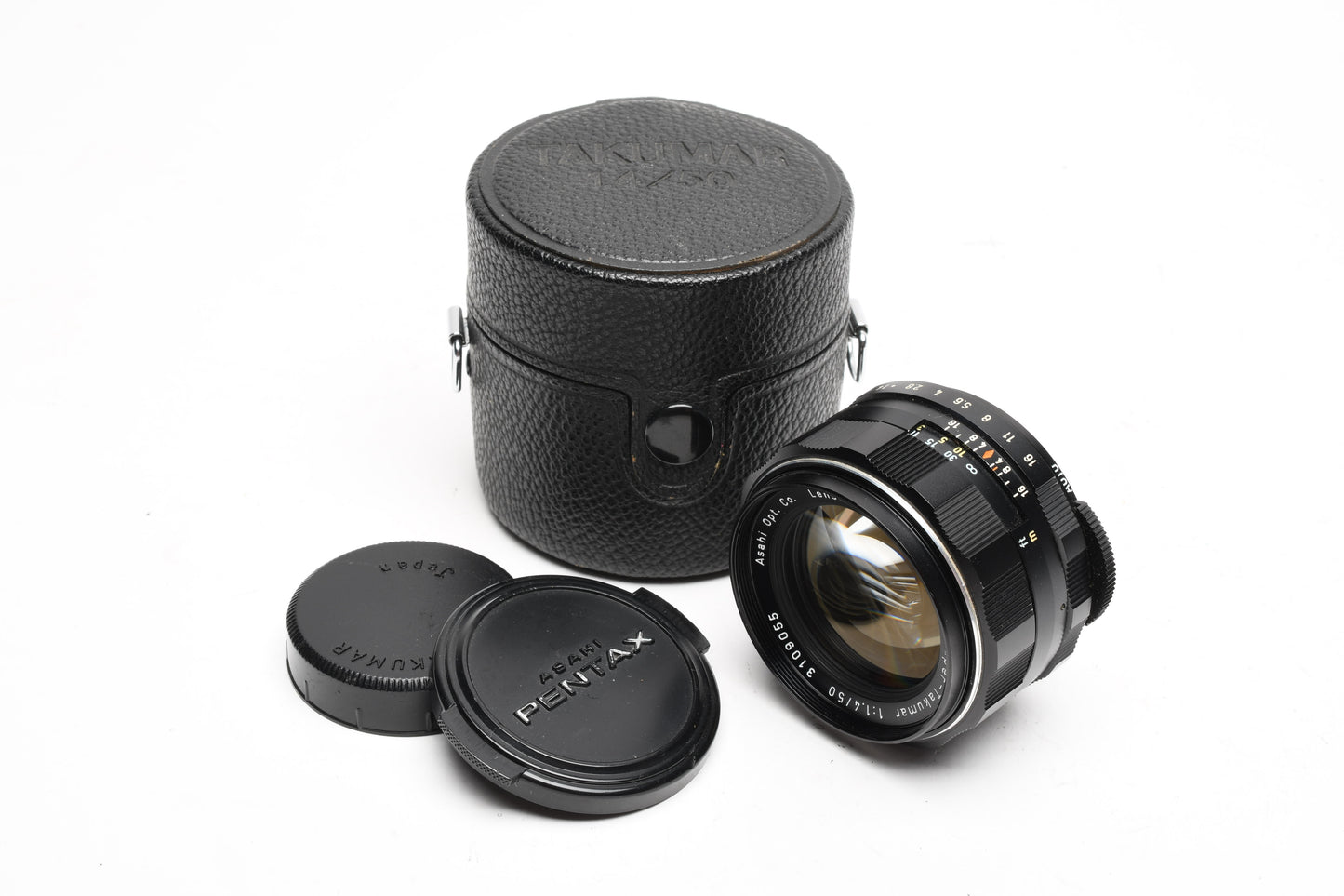 Pentax Super-Takumar 50mm f1.4 M42 mount lens, caps, case, Mint-