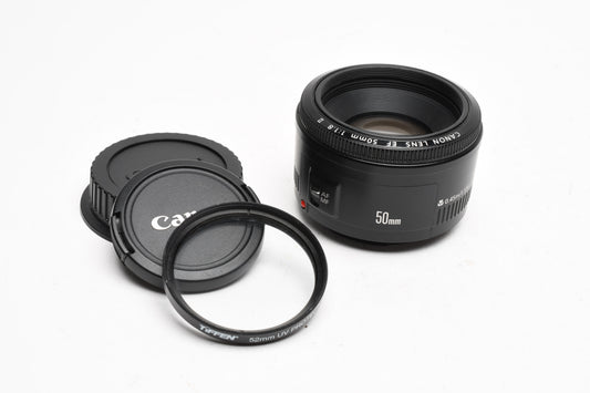 Canon EF 50mm f1.8 II prime lens, caps, Clean, + UV filter