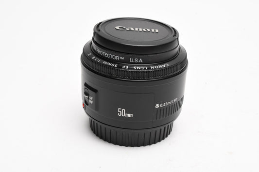 Canon EF 50mm f1.8 II prime lens, caps, Clean, + UV filter