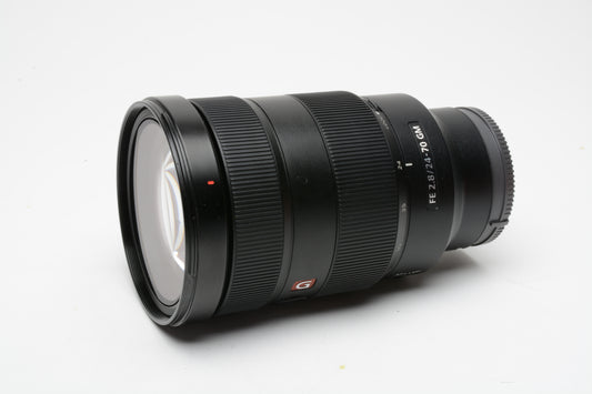 Sony FE 24-70mm f2.8 GM lens, case, hood, caps + strap, clean, sharp, boxed
