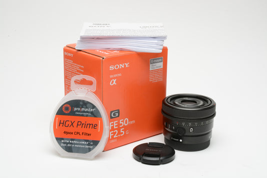 Sony FE 50mm f2.5G SEL50F25G, Mint, USA, +Circ. Pola filter