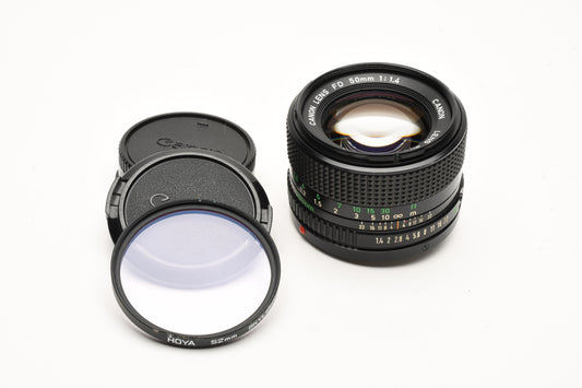 Canon 50mm f1.4 N FD mount lens, Sharp, Fast, Mint- +Hoya Sky