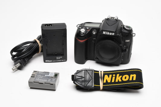 Nikon D90 DSLR body, batt, charger, strap, Only 6654 Acts, Great!