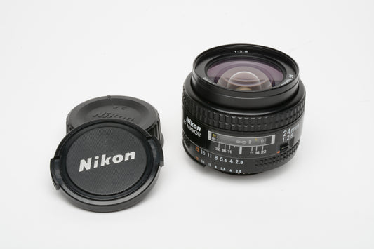 Nikon AF Nikkor 24mm F2.8 wide angle lens, caps, clean & sharp!