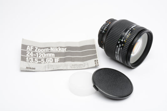 Nikon AF Zoom-Nikkor 24-120mm f3.5-5.6D zoom lens, caps, Nice!