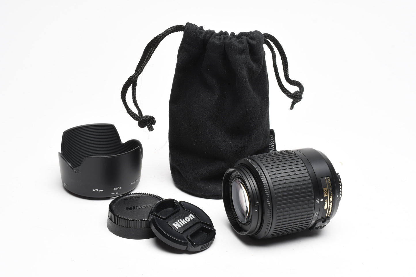 Nikon AF-S 55-200mm f4-5.6G ED VR DX SWM, Hood, Caps, Pouch, Mint-