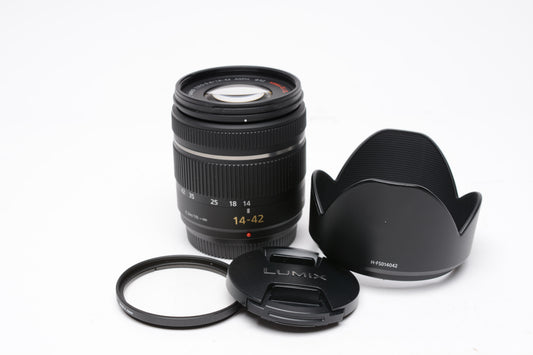 Panasonic Lumix G Vario 14-42mm F3.5-5.6 Mega O.I.S. Zoom Lens, Mint- +UV, Hood
