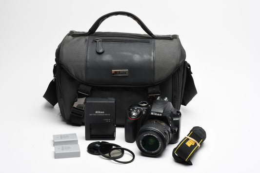 Nikon D3300 DSLR w/18-55mm zoom, 2X Batts, filters, Case, Only 2616 Acts!
