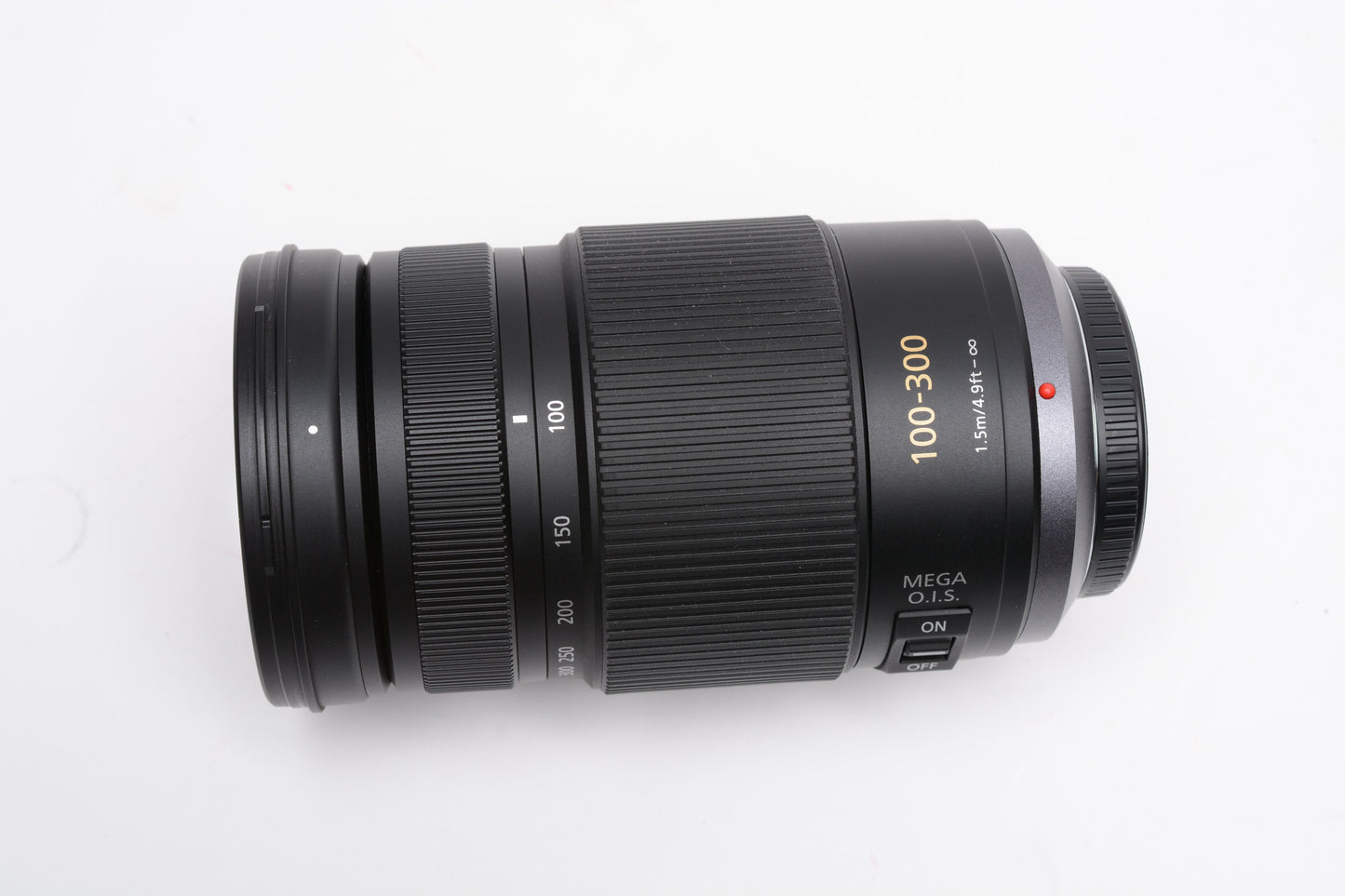 Panasonic Lumix G Vario 100-300mm f4-5.6 Mega O.I.S Lens, UV, Hood, Pouch, Mint-