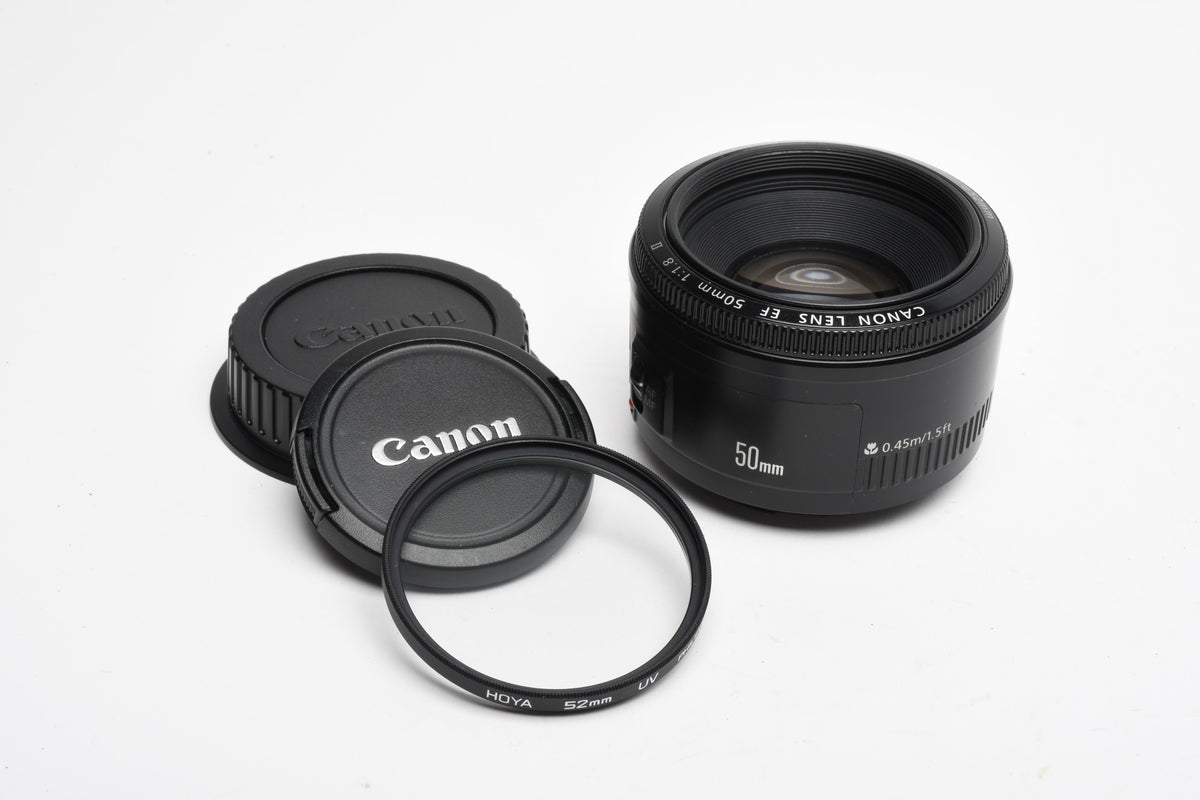 Canon EF 50mm f1.8 II prime lens, caps, Clean, + UV filter, Nice