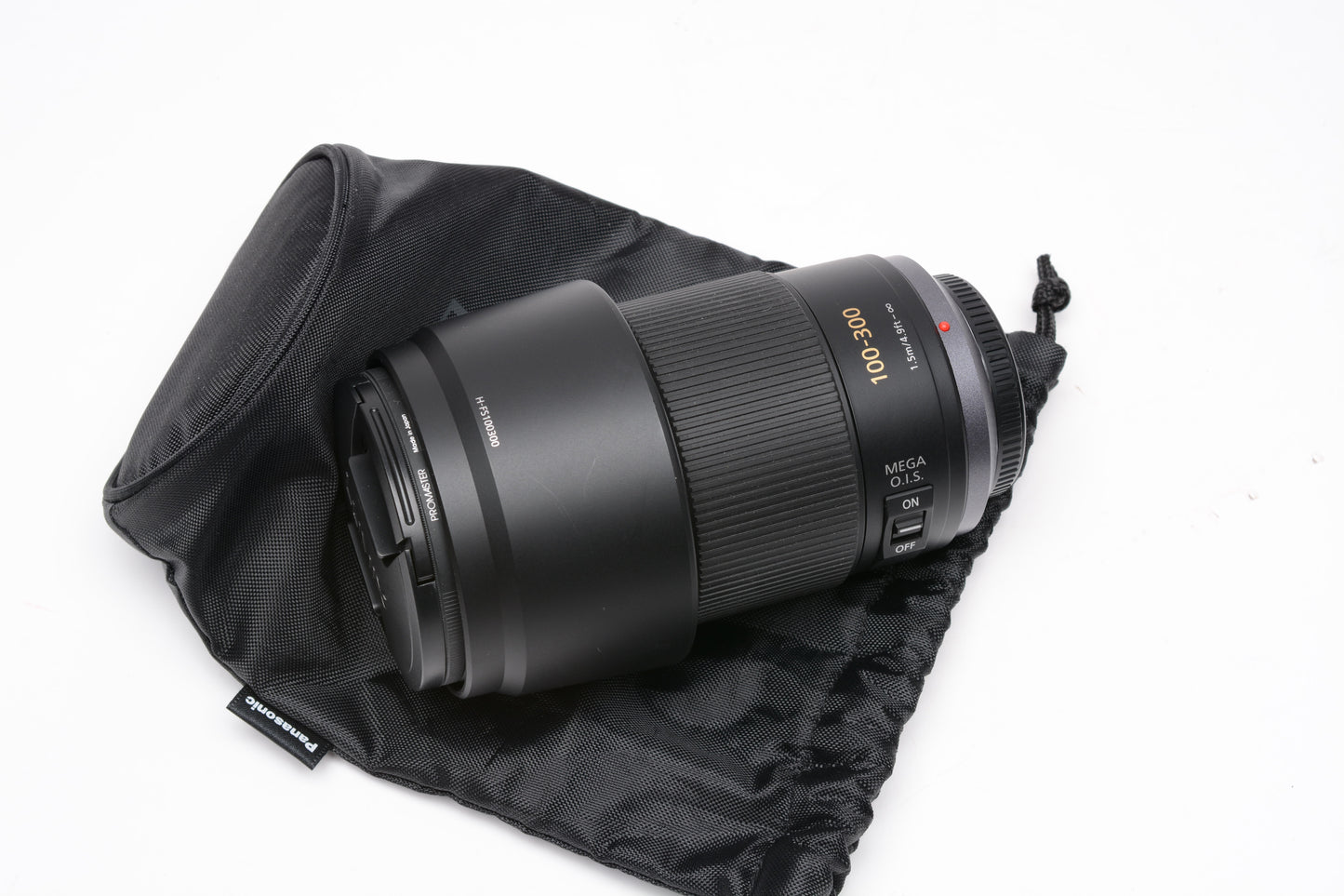 Panasonic Lumix G Vario 100-300mm f4-5.6 Mega O.I.S Lens, UV, Hood, Pouch, Mint-