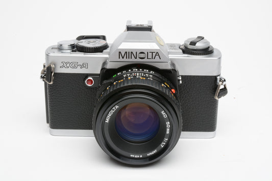 Minolta XG-A 35mm SLR w/50mm f1.7 lens, strap, cap, manual, sky, very clean, new seals
