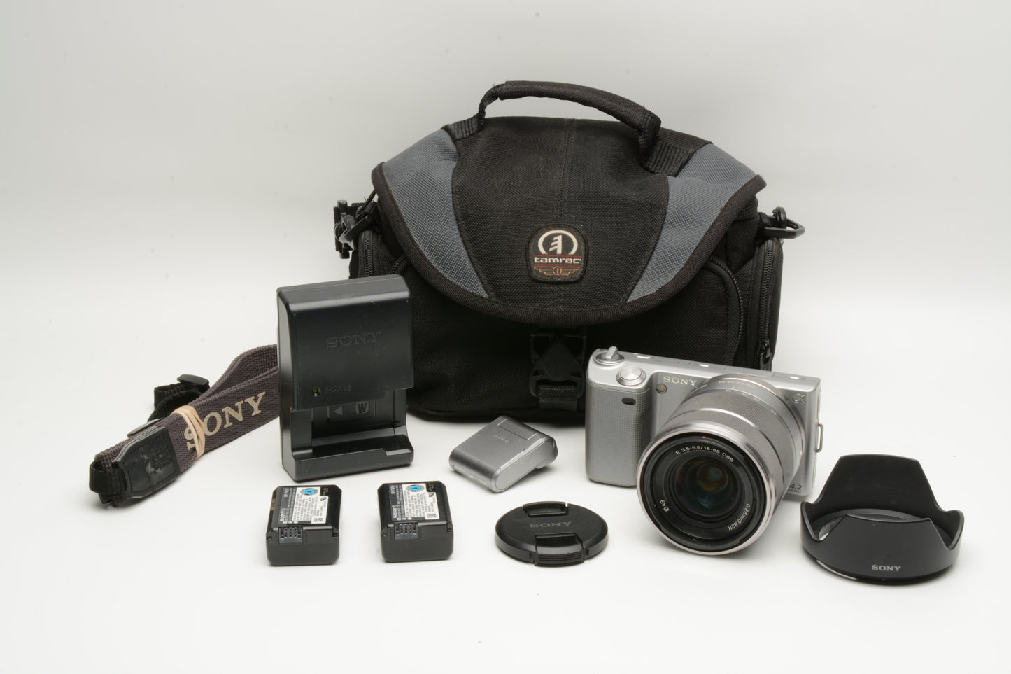 Sony NEX 5 Mirrorless w/18-55mm f3.5-5.6 zoom, 2batts, charger, flash, case