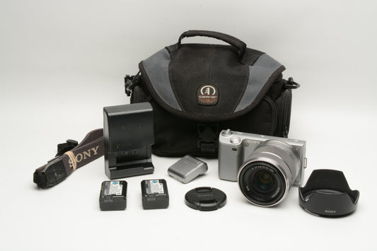 Sony NEX 5 Mirrorless w/18-55mm f3.5-5.6 zoom, 2batts, charger, flash, case