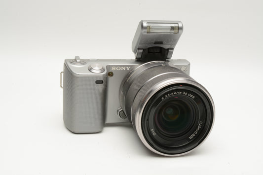 Sony NEX 5 Mirrorless w/18-55mm f3.5-5.6 zoom, 2batts, charger, flash, case