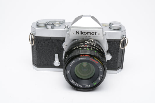 Nikon Nikomat FTN 35mm SLR Chrome Body w/28mm wide lens, New seals, case