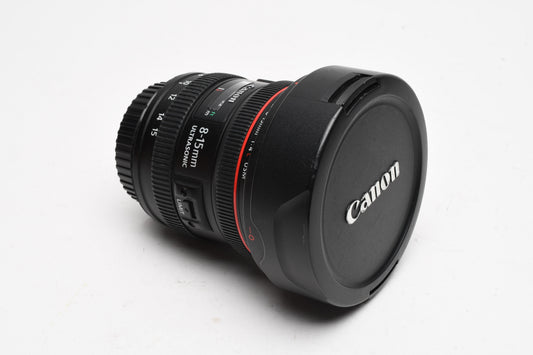 Canon EF 8-15mm f4L USM Zoom Lens, Caps, Hood, Barely Used, Mint-