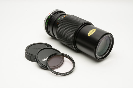 Olympus OM Zuiko 100-200mm f5 Telephoto zoom lens, Caps + UV