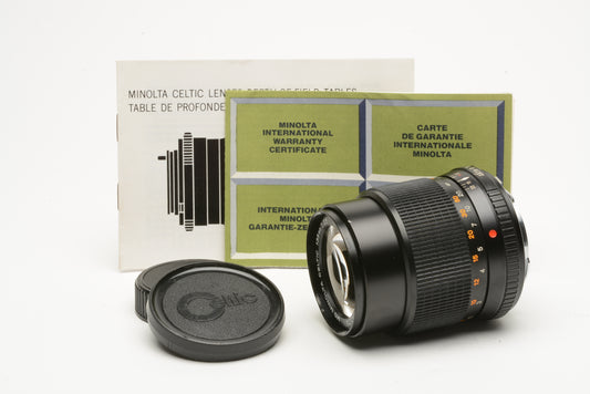 Minolta Celtic 135mm f3.5 Portrait lens MD mount, caps, manuals