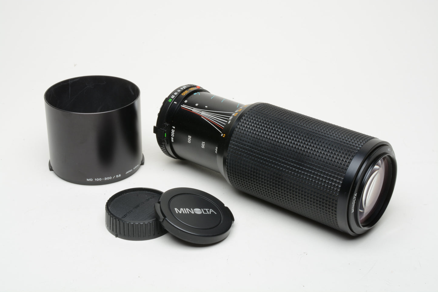 Minolta 100-300mm f5.6 MD Mount Telephoto zoom lens, hood, very clean!