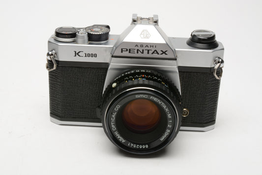 Pentax K1000 35mm SLR w/50mm f2 lens, New seals, strap, Nice!!