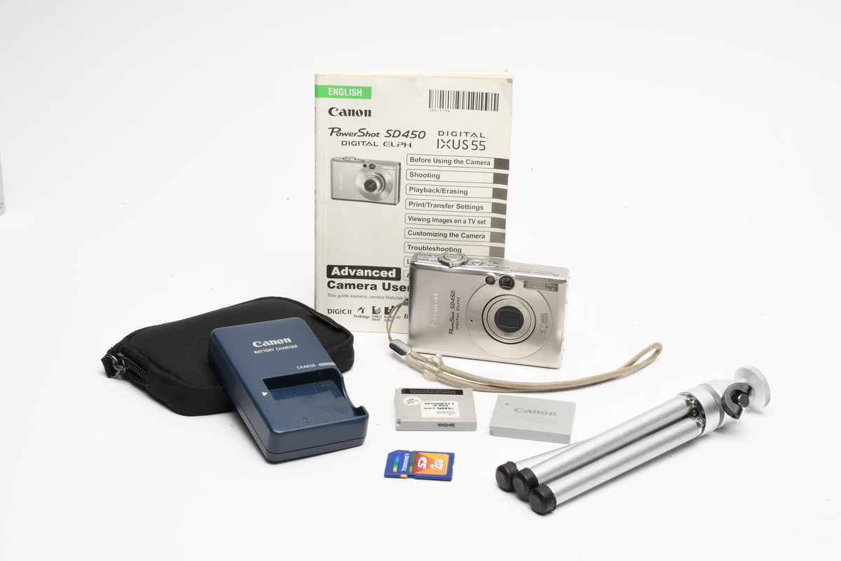 Canon PowerShot SD450 5MP Digital Point&Shoot w/2X batts+charger+case++