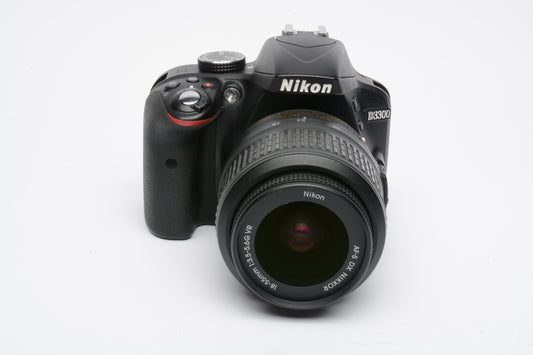 Nikon D3300 DSLR w/18-55mm f3.5-5.6 zoom, batt+charger ~17K acts
