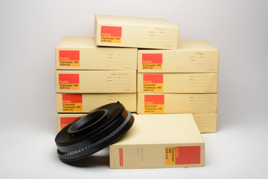 10X Kodak Carousel 140 slide trays, boxed, w/lids, clean