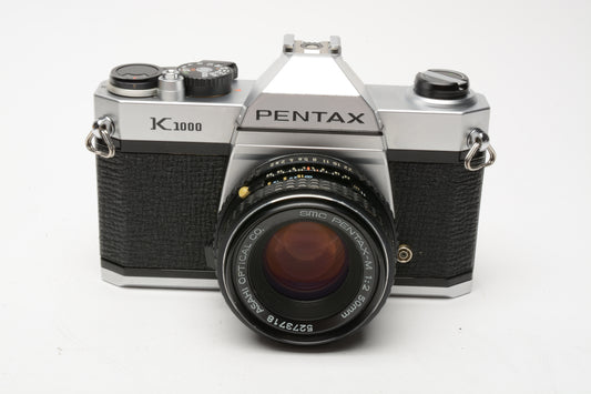 Pentax K1000 35mm SLR w/50mm f2 lens, New seals, strap, Late Version