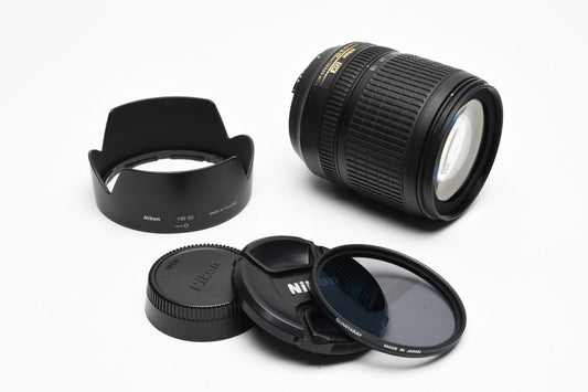 Nikon AF-S 18-105mm f3.5-5.6G ED DX VR zoom lens, Hood, PL filter, Great!