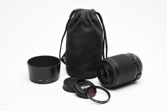 Nikon AFS Nikkor 55-200mm F4-5.6G ED DX VR zoom lens, caps, pouch, hood, UV
