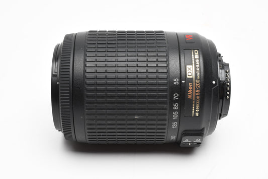 Nikon AFS Nikkor 55-200mm F4-5.6G ED DX VR zoom lens, caps, pouch, hood, UV