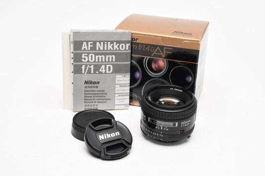 Nikon AF Nikkor 50mm f1.4D prime lens, very clean, nice prime lens w/Caps+Box