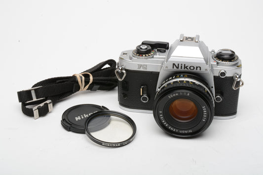 Nikon FG 35mm SLR body w/50mm F1.8E, UV, Strap, Lens Cap, New Seals