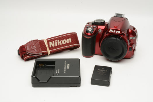 Nikon D3100 Red DSLR Body, battery, charger, strap, 15K Acts, Great!