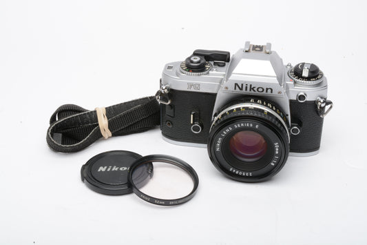 Nikon FG 35mm SLR w/Nikon E 50mm f1.8 lens, new seals, UV, tested, nice!