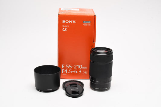 Sony 55-210mm f4.5-6.3 E OSS zoom lens (Black), Hood, Box, Great!