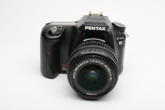 Pentax K100D DSLR w/18-55mm f3.5-5.6 zoom, manuals, book, strap, cap, UV, Clean!