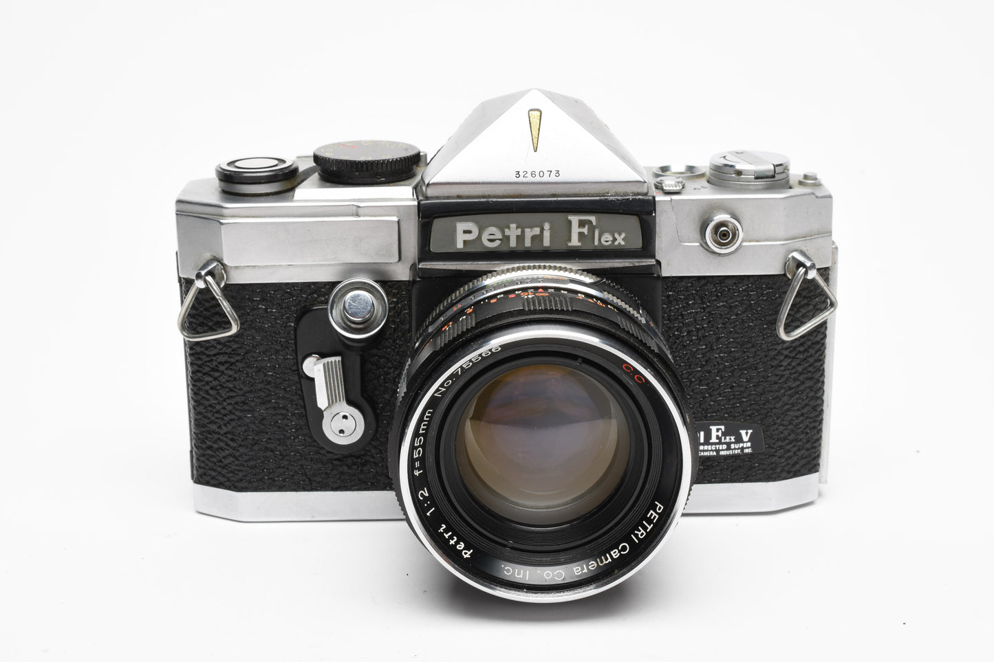 Petri Flex V 35mm SLR Film Camera w/55mm f2 Lens, 1/2 case, Tested