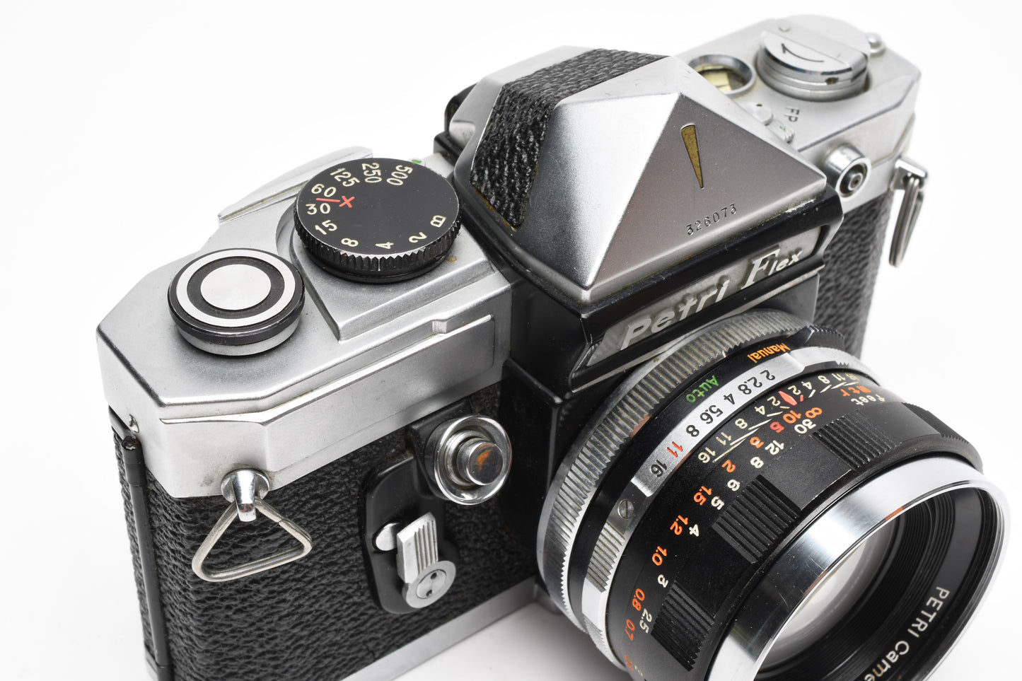 Petri Flex V 35mm SLR Film Camera w/55mm f2 Lens, 1/2 case, Tested