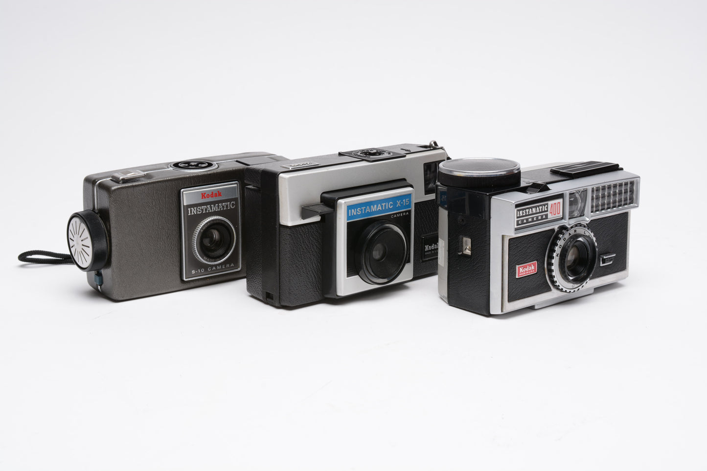 3X Kodak Instamatic cameras 126 format X-15, 400, S-10, Nice display
