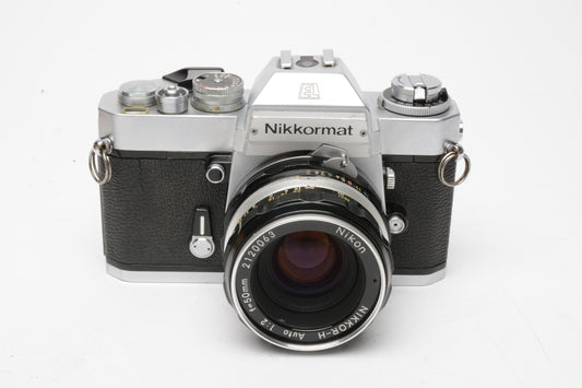 Nikon Nikkormat EL 35mm SLR Chrome Body w/50mm f2 Lens, New seals, Good!