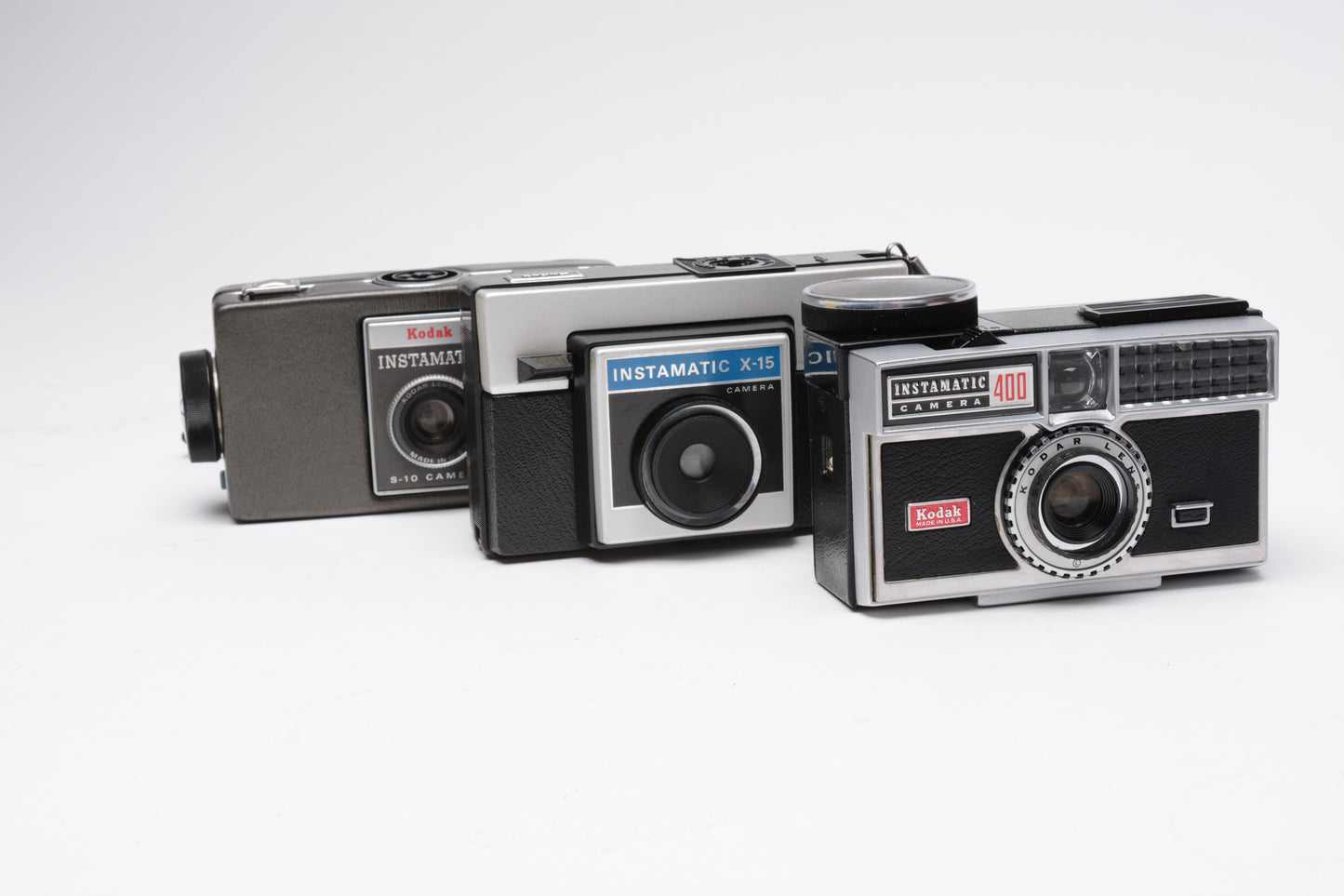 3X Kodak Instamatic cameras 126 format X-15, 400, S-10, Nice display