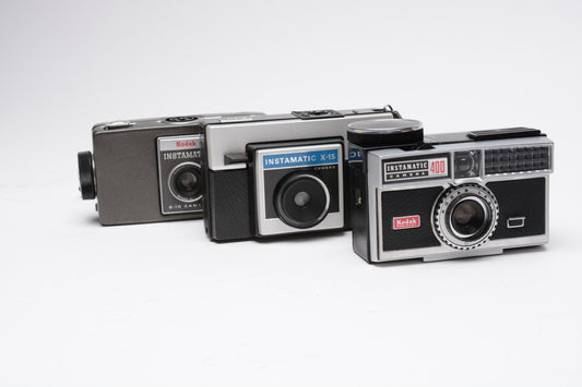 3X Kodak Instamatic cameras 126 format X-15, 400, S-10, Nice display
